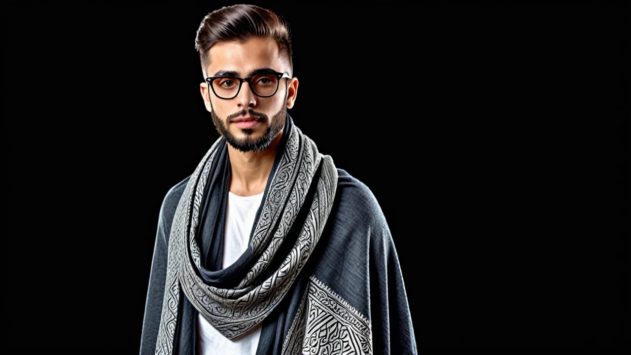 wide field of view, centred, dynamic pose, beautiful modern and elegant young man with side pose
having short beard with expressive eye glasses and shawl on shoulders , highy detailed, 4K, hdr, sharp focus, high resolution, excellent composition, cinematic atmosphere, precise correct anatomy, aesthetic detail of the face image