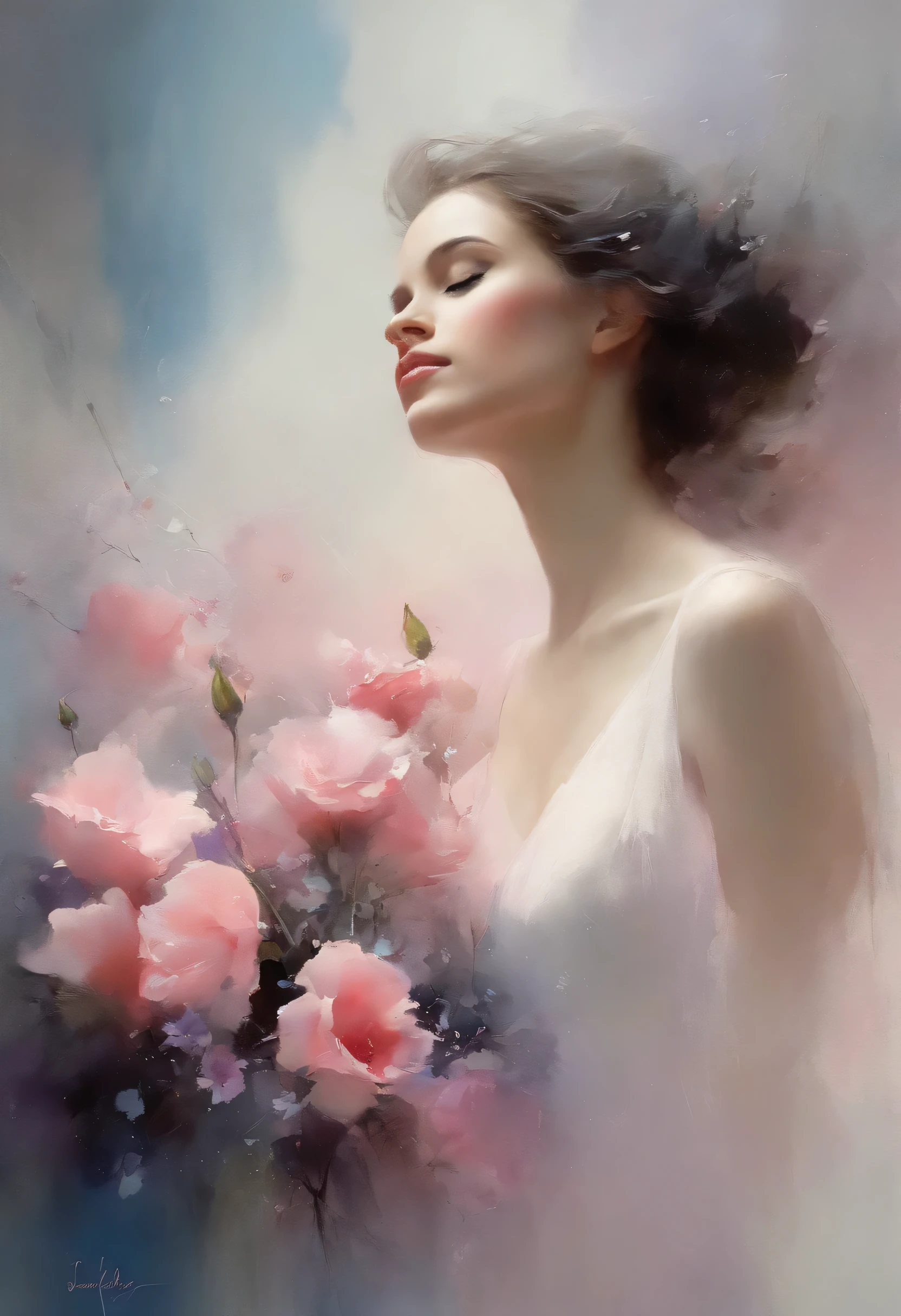 1 girl,flower, lisianto ,in the style of light pink and light blue, dreamy and romantic compositions, pale pink, ethereal foliage, playful arrangements,Fancy, High contrast, ink strokes, Explosions, overexposure, purple and red tone print , abstract, ((watercolor painting by John Berkey and Jeremy Mann )) Brushstrokes, negative space,