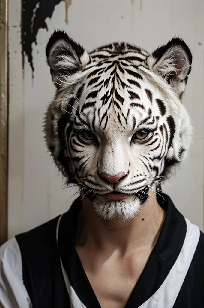 painting depicting the face of a scary white tiger