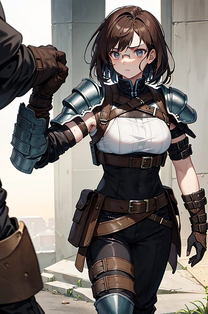 This character is a robust woman, with an athletic physique, which suggests great agility and endurance. Her brown hair, somewhat messy, frames a determined face marked by past experiences. His eyes, probably dark in color, display an intensity that suggests great strength of character. Its outfit, made of leather and reinforced fabrics, is both functional and protective, adapted to a potentially dangerous environment. Elements like leather bracers, belts and shoulder armor plates reinforce this impression of preparation for combat or a life of adventure.