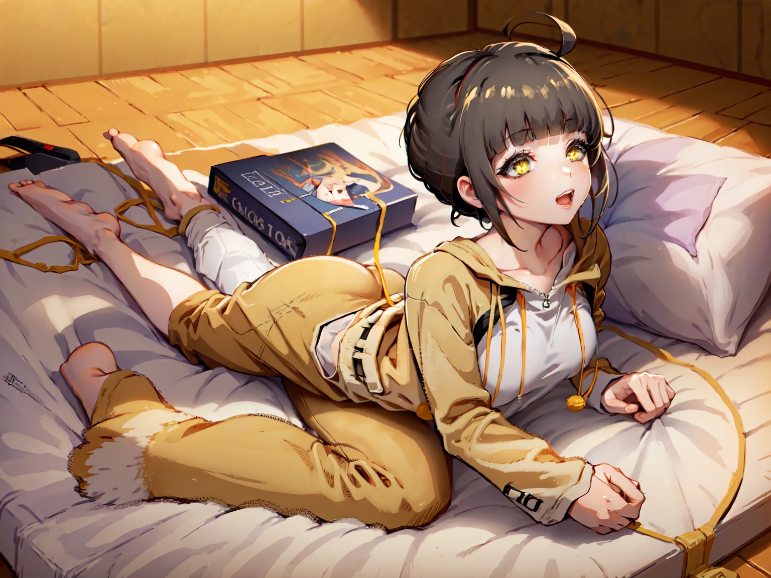 (masterpiece), short hair, brown hair, golden eyes, smile, pajamas, ahoge, open mouth, barefoot, pillow, black hair, on stomach, short hair, bed, lying, book, onesie