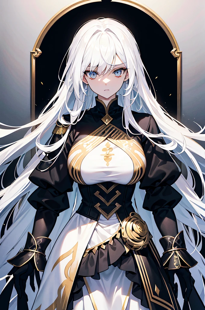 Physical description This character is a woman with an ethereal and imposing appearance. Her long white hair flows around her, creating an almost mystical aura. His golden eyes are piercing and express great intensity and determination. Her outfit is complex and elegant, consisting of several layers of white and black fabrics, accented with gold designs. The dress appears both practical and ceremonial, perhaps indicating a high rank or special role in one's world. Her arms are covered in sleek gauntlets that add a touch of sophistication to her appearance. His entire style suggests a combination of power, grace and mystery.