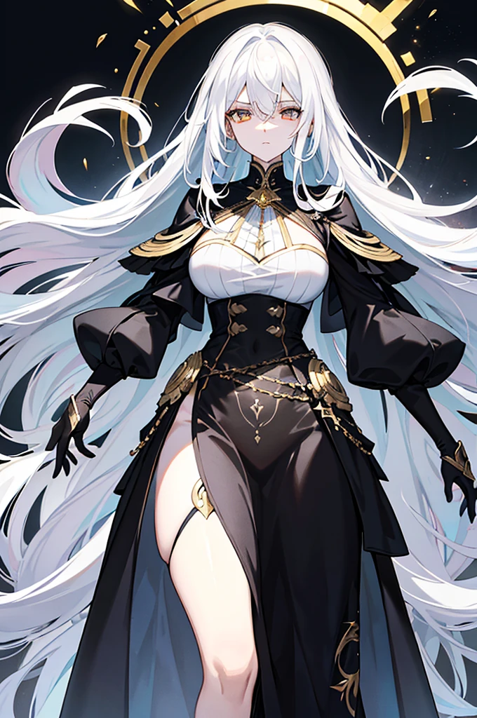 Physical description This character is a woman with an ethereal and imposing appearance. Her long white hair flows around her, creating an almost mystical aura. His golden eyes are piercing and express great intensity and determination. Her outfit is complex and elegant, consisting of several layers of white and black fabrics, accented with gold designs. The dress appears both practical and ceremonial, perhaps indicating a high rank or special role in one's world. Her arms are covered in sleek gauntlets that add a touch of sophistication to her appearance. His entire style suggests a combination of power, grace and mystery.