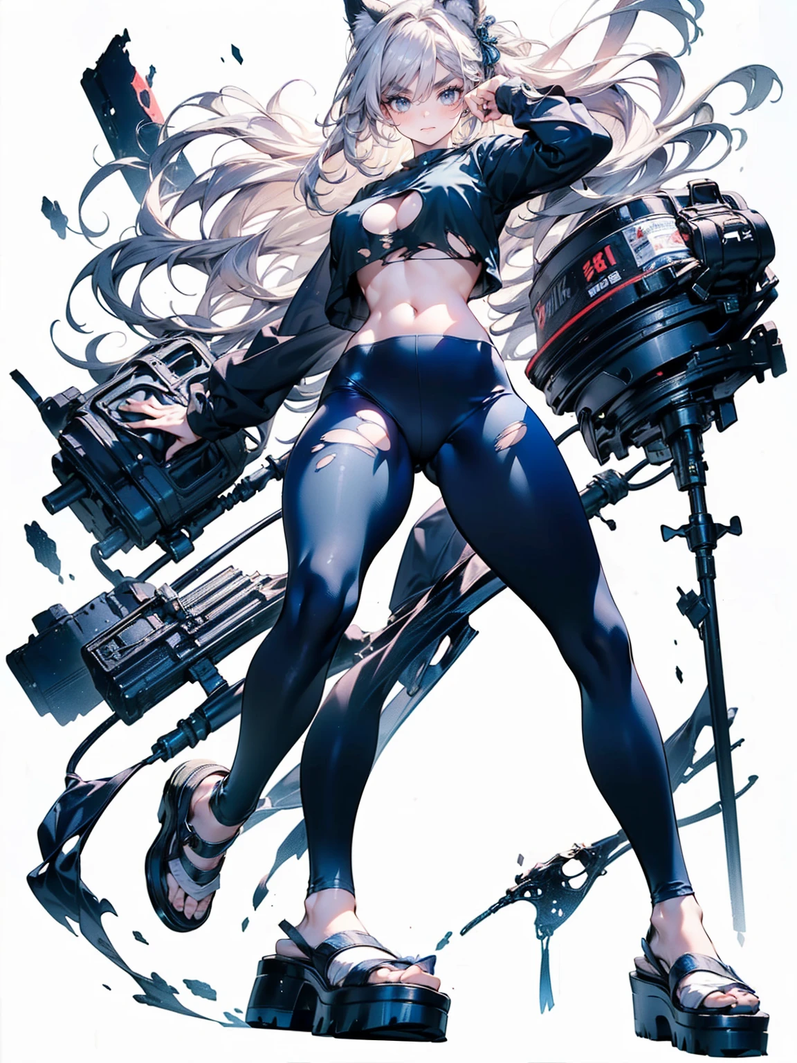 , (White Hair Girl), (Thick, dark blue eyebrows:1.4), (Dark blue eyebrows:1.7), (Thick eyebrows:1.3), (Huge black fluffy animal ears:1.1), (Black animal ears:1.1), BREAK, (((Mesh Stitching Crop T-Shirt, Cutout Long Sleeve Top))),BREAK, (Big Breasts:1.2, Thick legs, Adult female body, Sturdy body:1.5, Japanese style costume:1.5, Beautifully colored kimono:1.5,), ((Action pose:1.4 )), (sharp eyes, Ultra-high definition CG, Precisely designed costumes, 4K, 8K, Ultra-high definition CG, Precisely designed costumes, Clear lines, Expressive and Captivating Eyes, Fine Details and Realistic Textures, cinematic lighting), ((white background)), BREAK, (Wearing black leggings with holes), Skinny sleeves, (Torn and holey leggings:1.2)(Black leggings:1.4), (過剰なRuggedThick soleブーツを履いています:1.2), (Thick sole:1.5), (Big shoes:1.3), ((Beam SE, embarrassed))