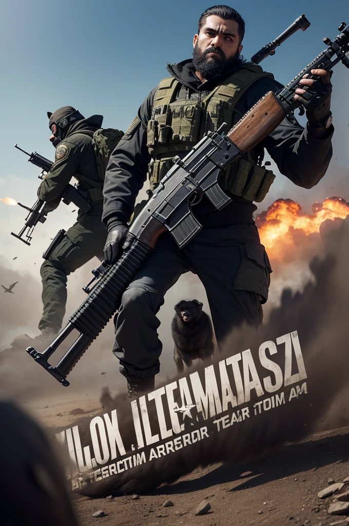 Background with a war scene, containing some characters like a terrorist gorilla, a goose against terrorist, a terrorist black fox, Hitman against terrorist, a terrorist Jaguar, among other terrorists and counter-terrorists, carrying weapons such as AK-47 and Maverick M41, with writing underneath: [air] Team