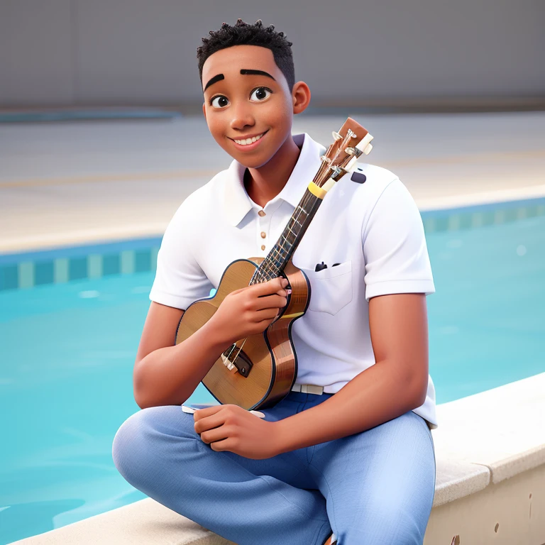 a smiling young black man holding a ukulele in front of a swimming pool