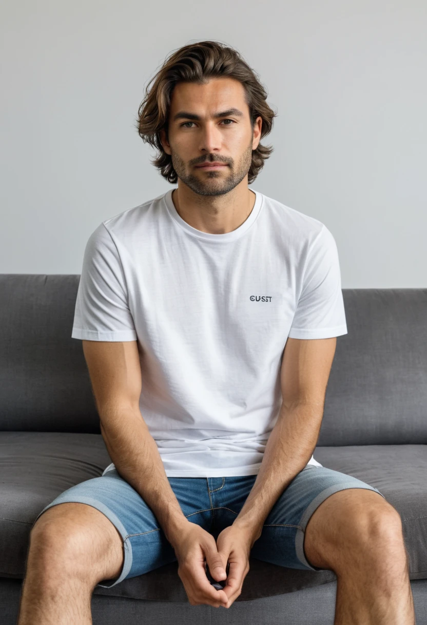 RAW photo, (full body), 30-year-old man, casual T-shirt, sitting on the guest sofa, looking towards the viewer, (wearing shoes), straight forward position, in front of the point of view, neat hair, 