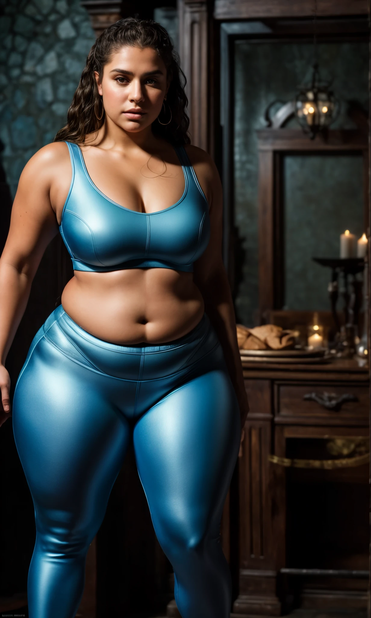 Foto RAW, (masterpiece), Original Character, (best quality:1.0), (ultra highres:1.0), portrait, 1 woman, fantasy movie character, adventure movie, detailed beautiful skin, breathtakingly beautiful, complex details , epic character, fantasy character Art, face focus, tomboy, very long hair, curvy, thick Belly, beautiful face, wallpaper 8k, beautiful woman, extremely gorgeous, stunning beauty, amazing details, perfect thick body, makeup, white sports bra, tight clothes, full body,(pele altamente detalhada: 1.2), 8k UHD, DSLR, soft-lighting, alta qualidade, grain of film, Fujifilm XT3