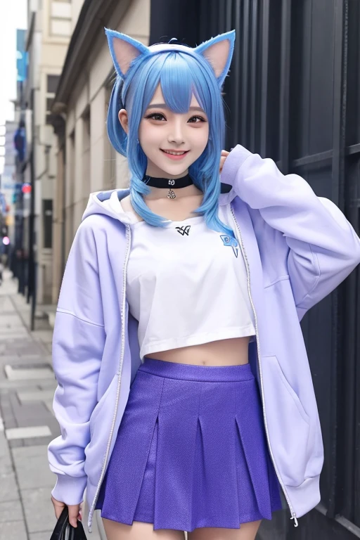 The image depicts an anime-style character with blue hair, a purple hooded outfit, a white cheer skirt, and a black choker. I have cat ears. The character has a smiling expression and is facing the viewer.
