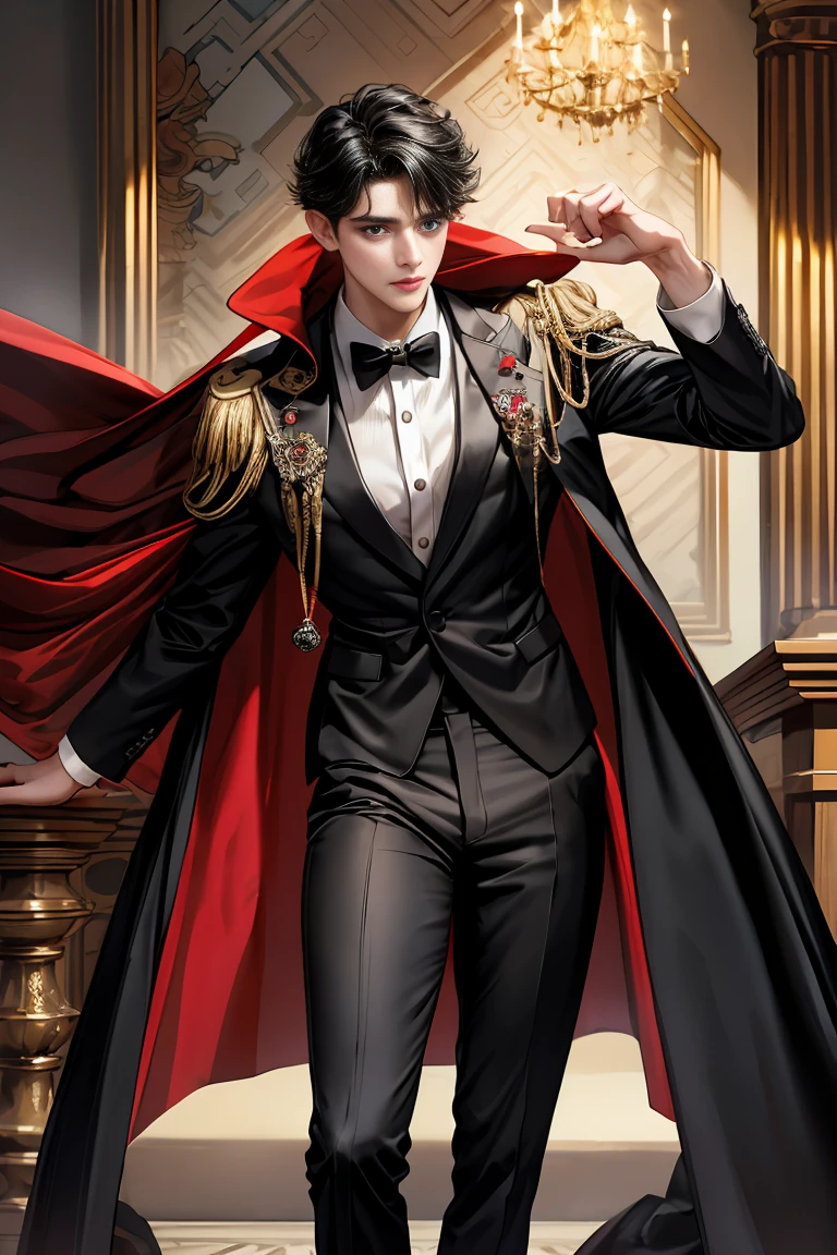 
masterpiece, 最high quality, high quality, 1 boy, alone, Male focus, Watching the audience,  Messy black hair, Adorable big blue eyes, White people, Noble, Noble,Sexy voluminous black and red cape、Tuxedo、A very voluminous, large, very large, very large, long, long red and black cape with a high stand-up collar, reaching down to the floor, made of a lot of fabric., 17 years old,Cute beautiful boys,Cute, cute, kind, handsome guy
