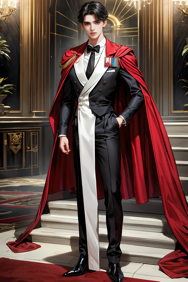 
masterpiece, 最high quality, high quality, 1 boy, alone, Male focus, Watching the audience,  Messy black hair, Adorable big blue eyes, White people, Noble, Noble,Sexy voluminous black and red cape、Tuxedo、A very voluminous, large, very large, very large, long, long red and black cape with a high stand-up collar, reaching down to the floor, made of a lot of fabric., 17 years old,Cute beautiful boys,Cute, cute, kind, handsome guy