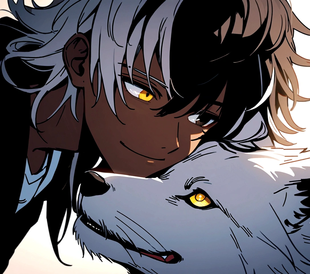 white shirt, wearing a black hoodie , yellow and black eyes heterochromia, calm smile expression, Messy hair , Medium length hair , 1 men , multicolored black and white hair , two tone hair , dark skin color , with a white wolf , the two staring at each other, transform this art into pixel art