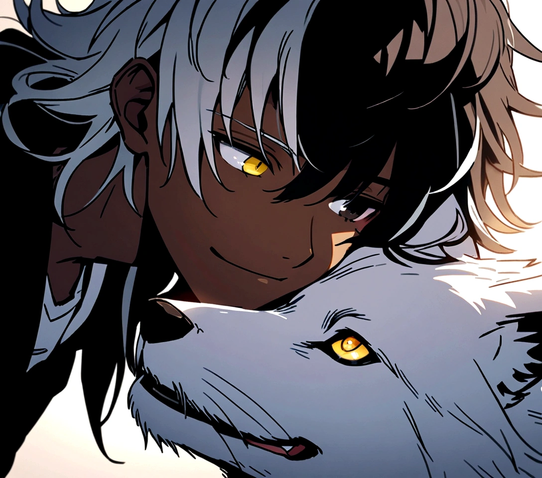 white  shirt, wearing a black hoodie , yellow and black eyes heterochromia, calm smile expression, Messy hair , Medium length hair , 1 men , multicolored black and white hair , two tone hair , dark skin color , with a white wolf , the two staring at each other, transform this art into pixel art