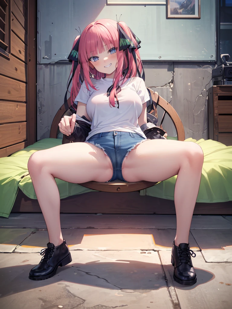 (8K, Highest quality, Highest quality, masterpiece), sit on the floor, (denim hot micro shorts), (shorts aside & vulva peek), ((the shorts dig into her pussy)), ((shorts dig into pussy)), big breasts, ((spread legs 1:2)), (fullbody), ((seductive grin)), nn1, 1girl, hair ribbon, ((long hair)), anime girl