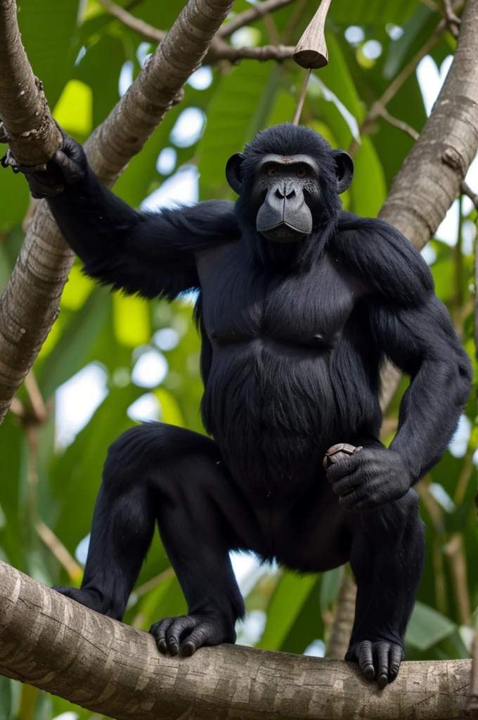 Aggressive, violent, dangerous crouching chimpanzee, full body, showing snout with threatening fangs