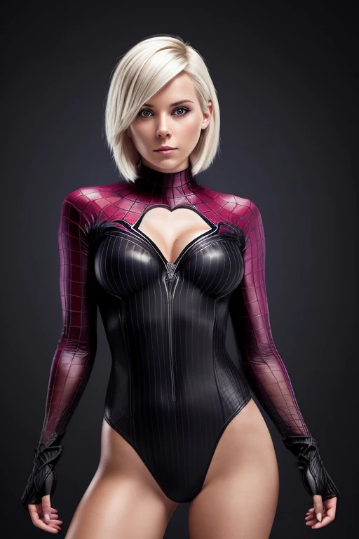 Gorgeous european woman with very short hair, short hair with fringe, wet hair, hair slicked back, combed straight back, slick hair, streaked blonde hair, seductive pose, sophia bush as gwen stacy as spider-gwen, torn ragged spider-gwen costume, cleavage, solid dark grey background with spider web