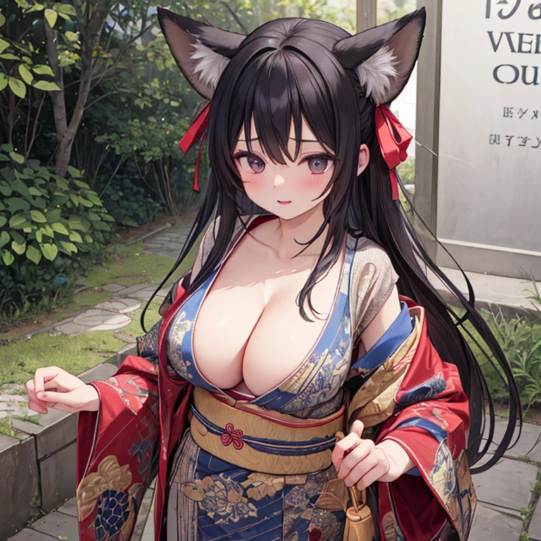 (Fox Girl, Fox Ears, Black colored hair, Fox Makeup, One Girl, Long Hair:1.6), (kimono, Kimono with open chest, A beautiful kimono with red and black patterns, I can see her cleavage, Open chest, Exposed skin:1.8), (Body size is 100-70-90!, Nice body, Big Breasts, Soft breasts, Emphasize cleavage, Knees are slightly visible, Muscular, Abdominal muscles, Grab your own chest:1.9), Avatar, face, lewd face, Dominant representation, naughty face, Uplifting, Skin Texture, outside, Grassy field