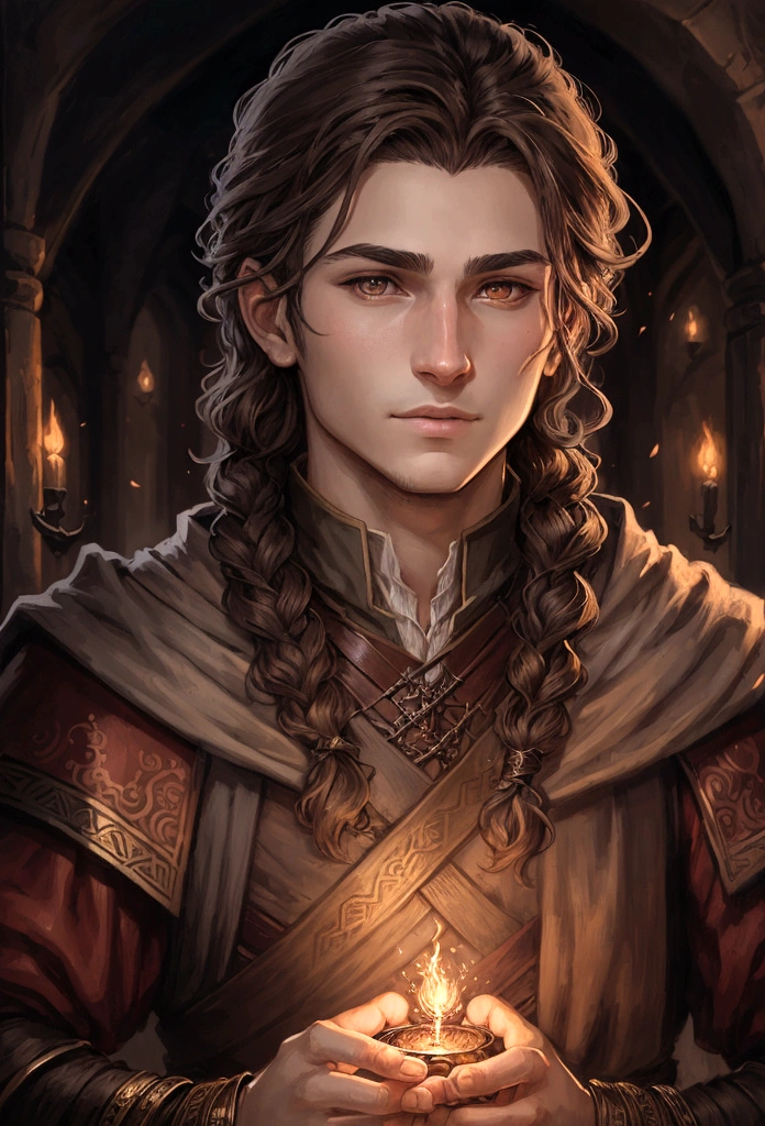 portrait art, young sorcerer, half a turn, brown hair with one waist-length braid, no beard, grey eyes, medieval era fantasy