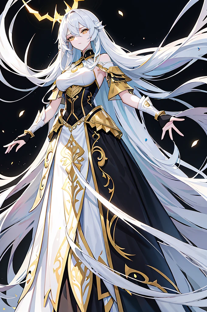 Physical description This character is a woman with an ethereal and imposing appearance. Her long white hair flows around her, creating an almost mystical aura. His golden eyes are piercing and express great intensity and determination. Her outfit is complex and elegant, consisting of several layers of white and black fabrics, accented with gold designs. The dress appears both practical and ceremonial, perhaps indicating a high rank or special role in one's world. Her arms are covered in sleek gauntlets that add a touch of sophistication to her appearance. His entire style suggests a combination of power, grace and mystery.
