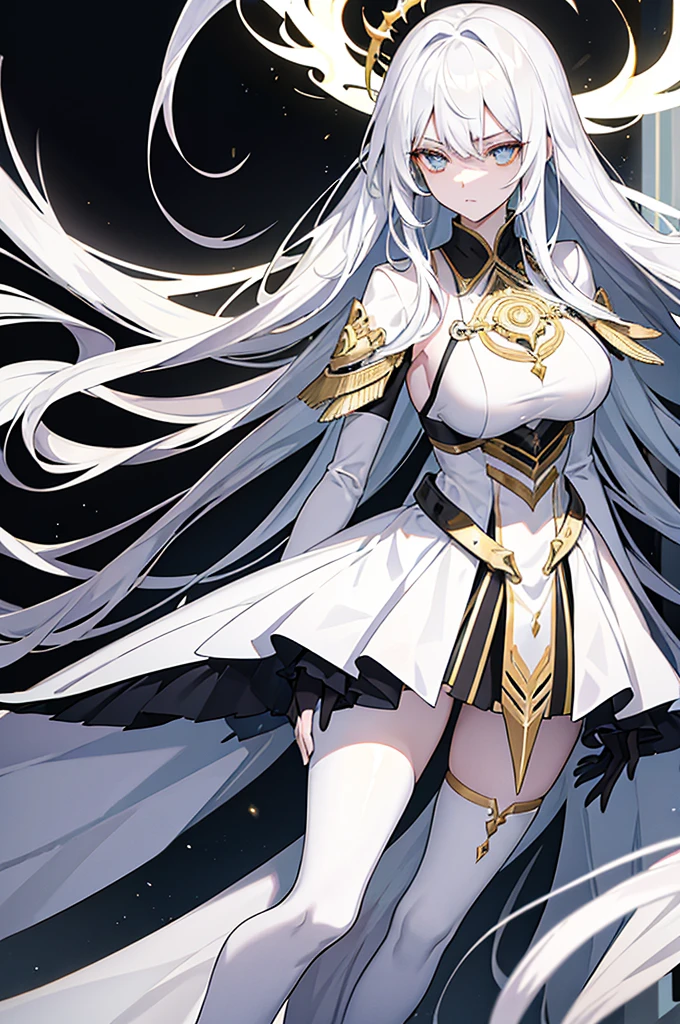 Physical description This character is a woman with an ethereal and imposing appearance. Her long white hair flows around her, creating an almost mystical aura. His golden eyes are piercing and express great intensity and determination. Her outfit is complex and elegant, consisting of several layers of white and black fabrics, accented with gold designs. The dress appears both practical and ceremonial, perhaps indicating a high rank or special role in one's world. Her arms are covered in sleek gauntlets that add a touch of sophistication to her appearance. His entire style suggests a combination of power, grace and mystery.