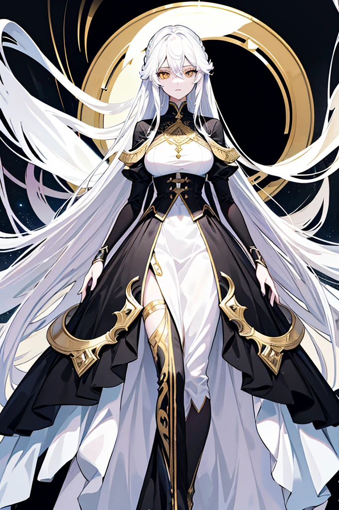 Physical description This character is a woman with an ethereal and imposing appearance. Her long white hair flows around her, creating an almost mystical aura. His golden eyes are piercing and express great intensity and determination. Her outfit is complex and elegant, consisting of several layers of white and black fabrics, accented with gold designs. The dress appears both practical and ceremonial, perhaps indicating a high rank or special role in one's world. Her arms are covered in sleek gauntlets that add a touch of sophistication to her appearance. His entire style suggests a combination of power, grace and mystery.