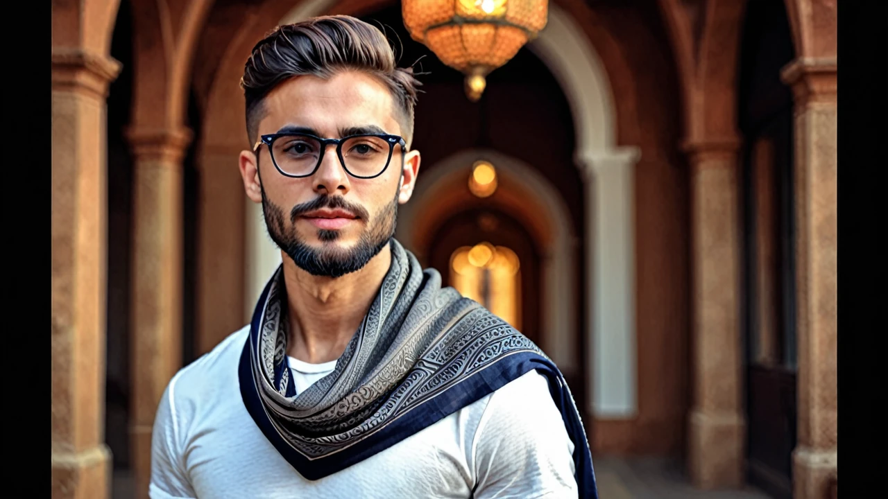 wide field of view, centred, dynamic pose, beautiful modern and elegant young man with side pose standing
having short beard with expressive eye glasses and shawl on shoulders , highy detailed, 4K, hdr, sharp focus, high resolution, excellent composition, cinematic atmosphere, precise correct anatomy, aesthetic detail of the face image