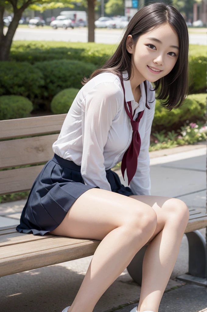 Pure Japanese school girl, sexual attractive, outstanding body, beautiful legs, shiny white skin, wearing loose uniform, panty, natural hairstyles, sweet smile, sitting on bench, refreshing in early summer morning, composition from the front, 