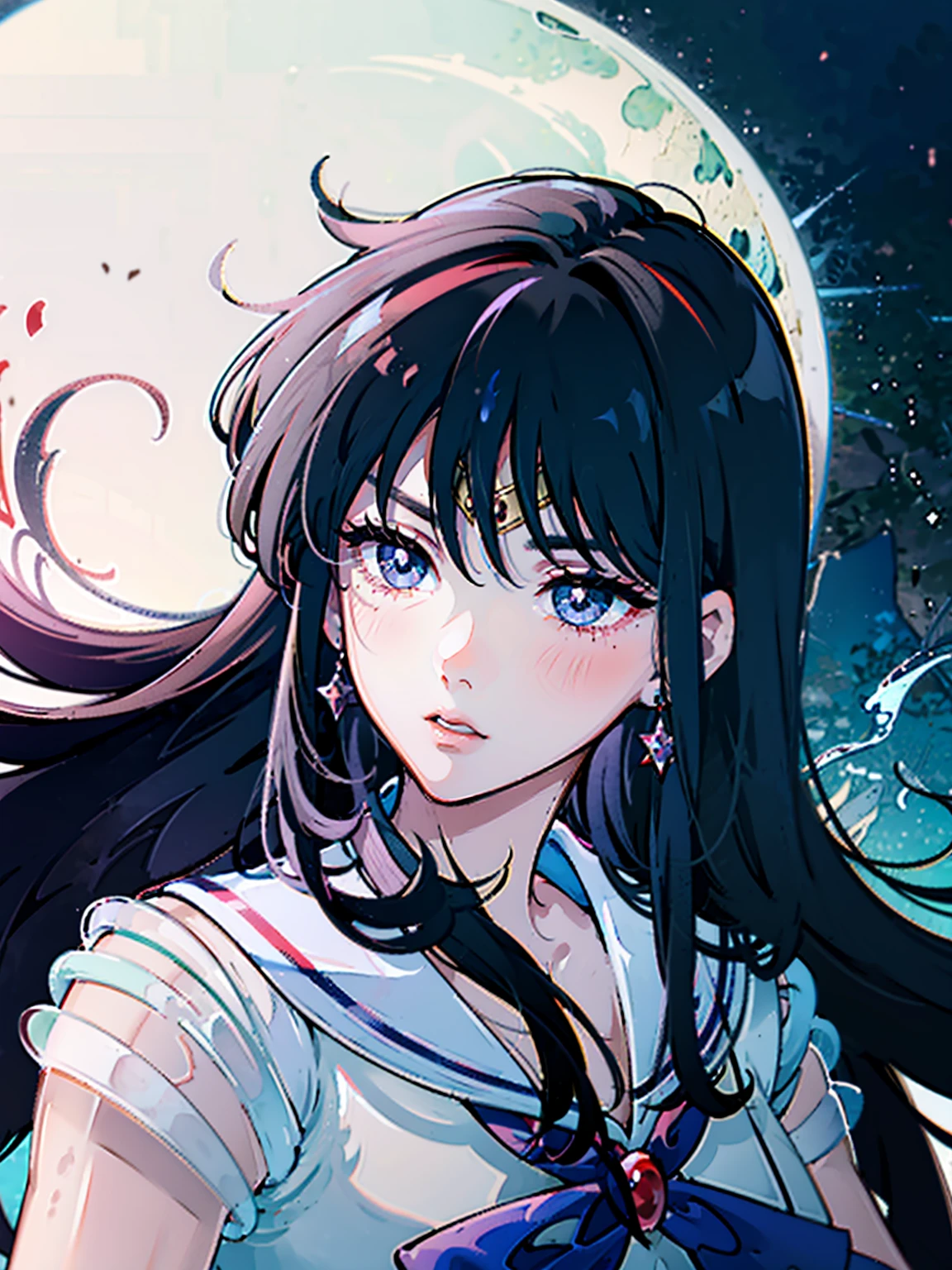 Sailor Mars, Unhealthy face;1.5, Dark Eyes;1.5, Dark circles under the eyes, Long Hair, Long Bangs, Eyes through the bangs, Big eyes, Blue Eyes