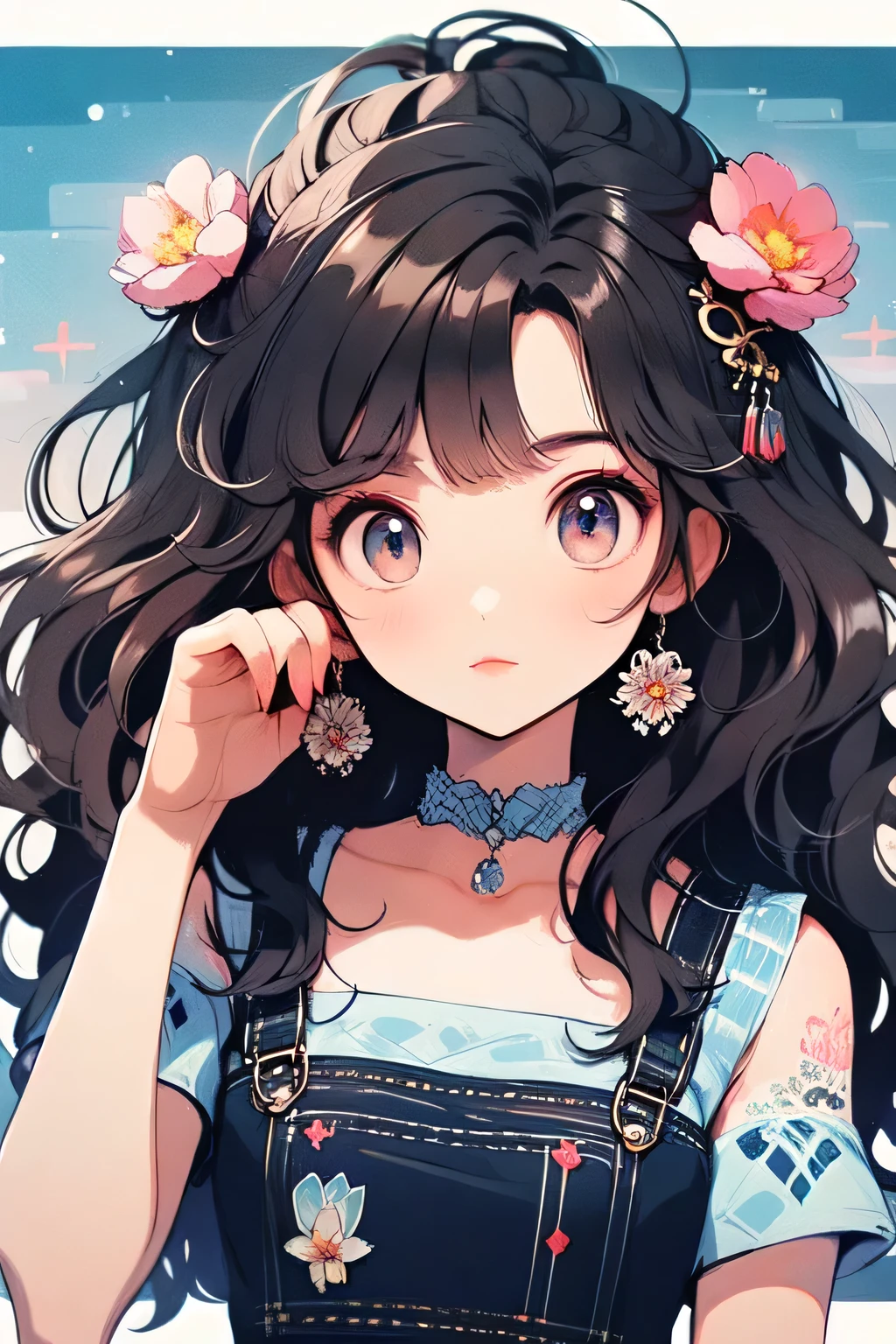 Create a 2D anime girl with cute and cute features., decorated with a delicate hair decoration in the shape of a lotus.,big shiny eyes, round cheeks, small tender mouth, and soft wavy hair. The character must have a body, chibi-like, with a big head and , emphasizing attractiveness. Style – thick painting with rich and bright colors., high detail, and casual, Buddhist personality. The overall mood is relaxed and charming.