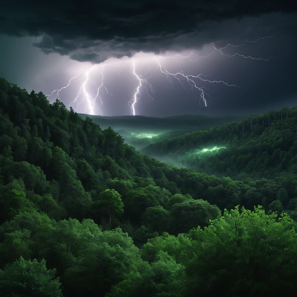 green forest, dark sky, cinematic lightning