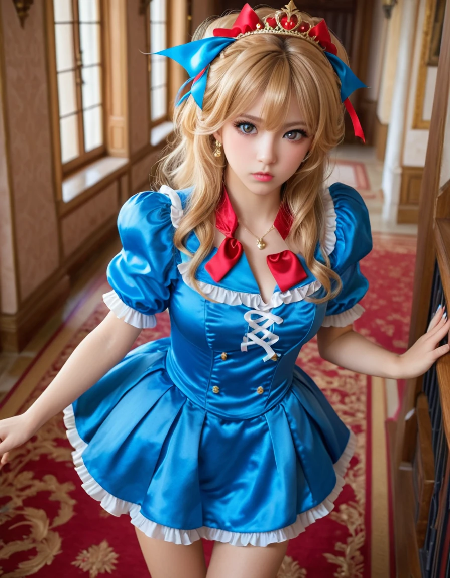 dynamic angle, (close up face), from above, a ultra detailed beautiful photograph, (angry, embarrassed), In a luxurious castle, there is a tsundere gal princess. Her hair is golden, and her eyes are a vivid blue. She is dressed in frilly gal fashion, wearing flashy accessories and high heels. However, her attitude is tsundere, seeming cold at first glance, but harboring kindness in her heart.