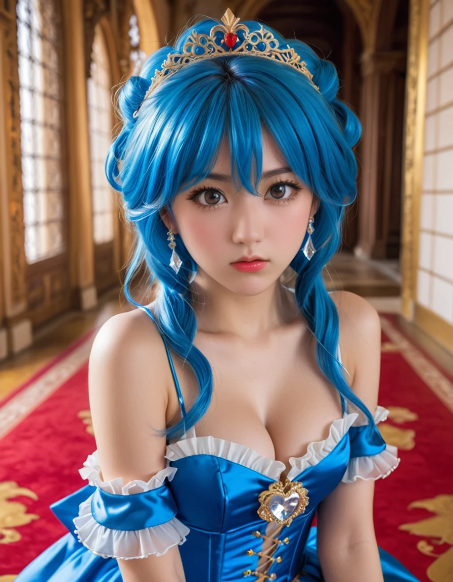 dynamic angle, (close up face), from above, a ultra detailed beautiful photograph, (angry, embarrassed), In a luxurious castle, there is a tsundere gal princess. Her hair is golden, and her eyes are a vivid blue. She is dressed in frilly gal fashion, wearing flashy accessories and high heels. However, her attitude is tsundere, seeming cold at first glance, but harboring kindness in her heart.