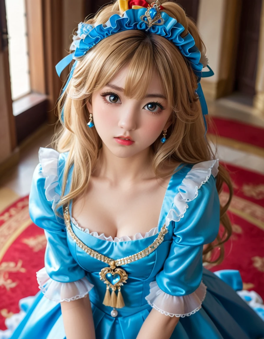 dynamic angle, (close up face), from above, a ultra detailed beautiful photograph, (angry, embarrassed), In a luxurious castle, there is a tsundere gal princess. Her hair is golden, and her eyes are a vivid blue. She is dressed in frilly gal fashion, wearing flashy accessories and high heels. However, her attitude is tsundere, seeming cold at first glance, but harboring kindness in her heart.