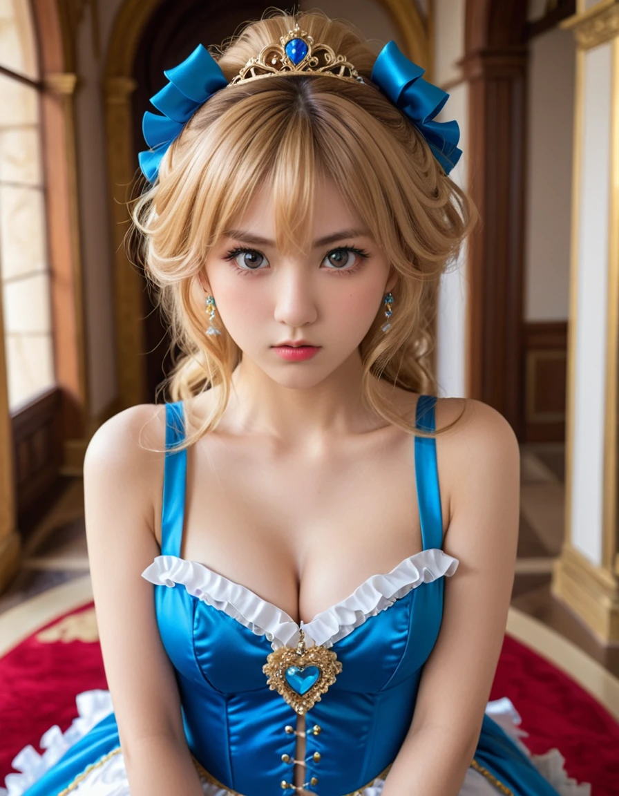 dynamic angle, (close up face), from above, a ultra detailed beautiful photograph, (angry, embarrassed), In a luxurious castle, there is a tsundere gal princess. Her hair is golden, and her eyes are a vivid blue. She is dressed in frilly gal fashion, wearing flashy accessories and high heels. However, her attitude is tsundere, seeming cold at first glance, but harboring kindness in her heart.