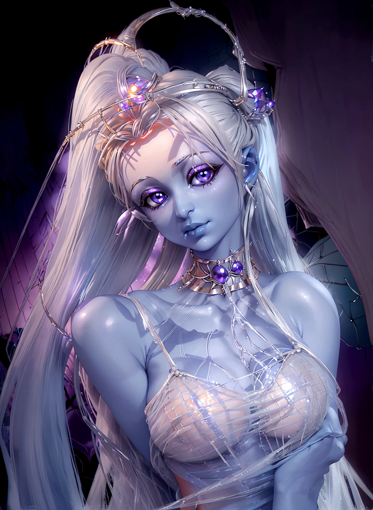 A moon elf greatly resembling Paris Hilton (age 25, blue skin, violet eyes, silver hair, sheer spider silk lingerie, silver body jewelry) is walking through a spider infested haunted woods, webs obscure the moon and carpet the ground. Immense webs and spiders in the tree tops.