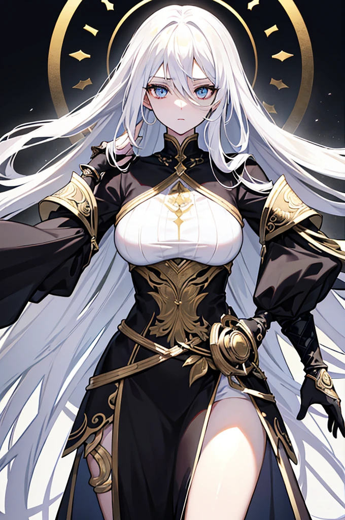 Physical description This character is a woman with an ethereal and imposing appearance. Her long white hair flows around her, creating an almost mystical aura. His golden eyes are piercing and express great intensity and determination. Her outfit is complex and elegant, consisting of several layers of white and black fabrics, accented with gold designs. The dress appears both practical and ceremonial, perhaps indicating a high rank or special role in one's world. Her arms are covered in sleek gauntlets that add a touch of sophistication to her appearance. His entire style suggests a combination of power, grace and mystery.