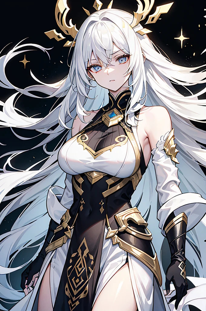 Physical description This character is a woman with an ethereal and imposing appearance. Her long white hair flows around her, creating an almost mystical aura. His golden eyes are piercing and express great intensity and determination. Her outfit is complex and elegant, consisting of several layers of white and black fabrics, accented with gold designs. The dress appears both practical and ceremonial, perhaps indicating a high rank or special role in one's world. Her arms are covered in sleek gauntlets that add a touch of sophistication to her appearance. His entire style suggests a combination of power, grace and mystery.