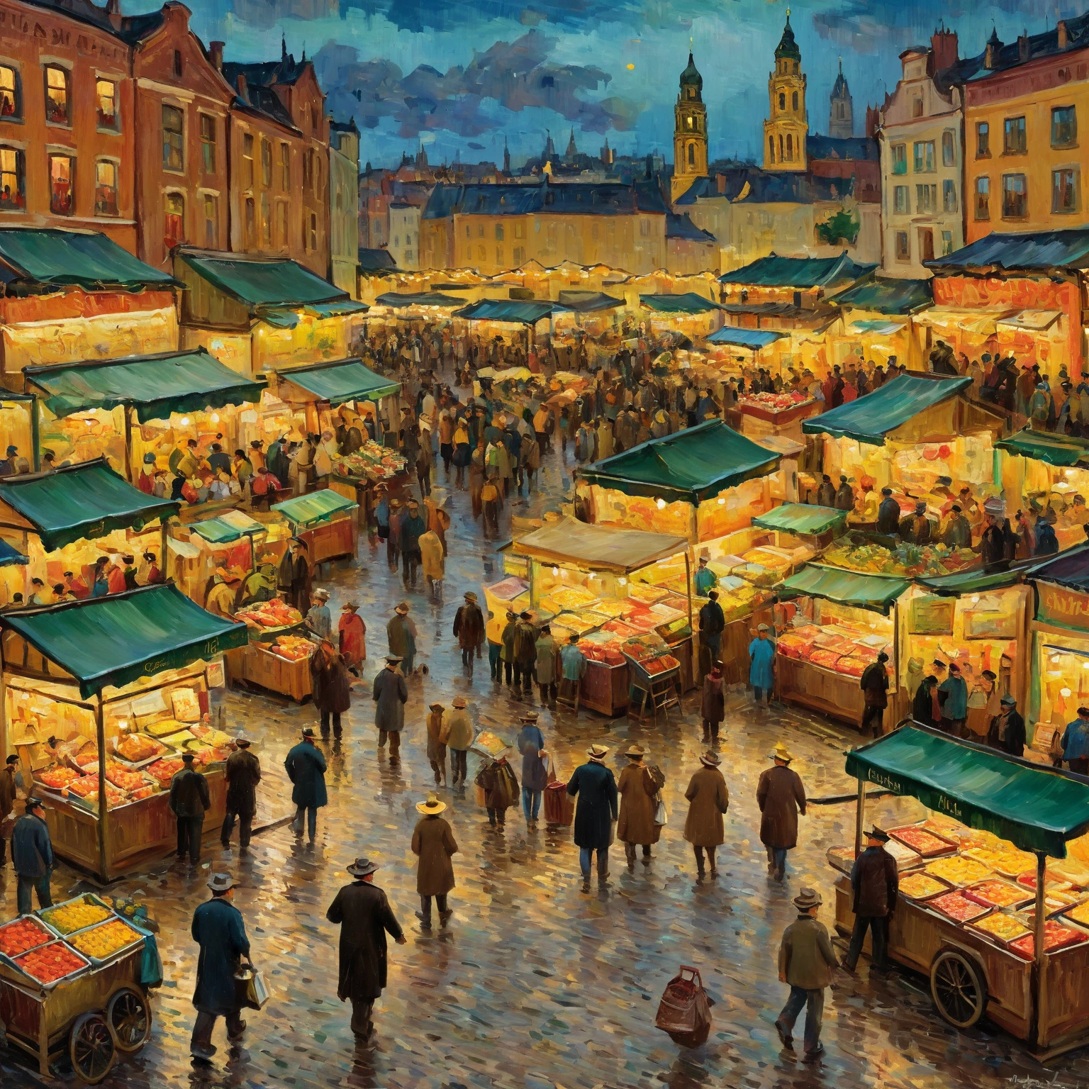 a bustling market, swirling brushstrokes, bright colors, energetic crowd, post-impressionism, dynamic composition, vibrant atmosphere, intense colors, thick paint, textured surface, expressive brushwork, impasto, Van Gogh style, moody lighting, warm tones, saturated palette, atmospheric lighting, dramatic shadows, striking contrasts, fluid movement, lively scene, detailed stalls, colorful textiles, intricate patterns, bustling activity, vivid details, masterful rendering, photorealistic, hyperrealistic, hyperdetailed, cinematic framing, high quality, 8k