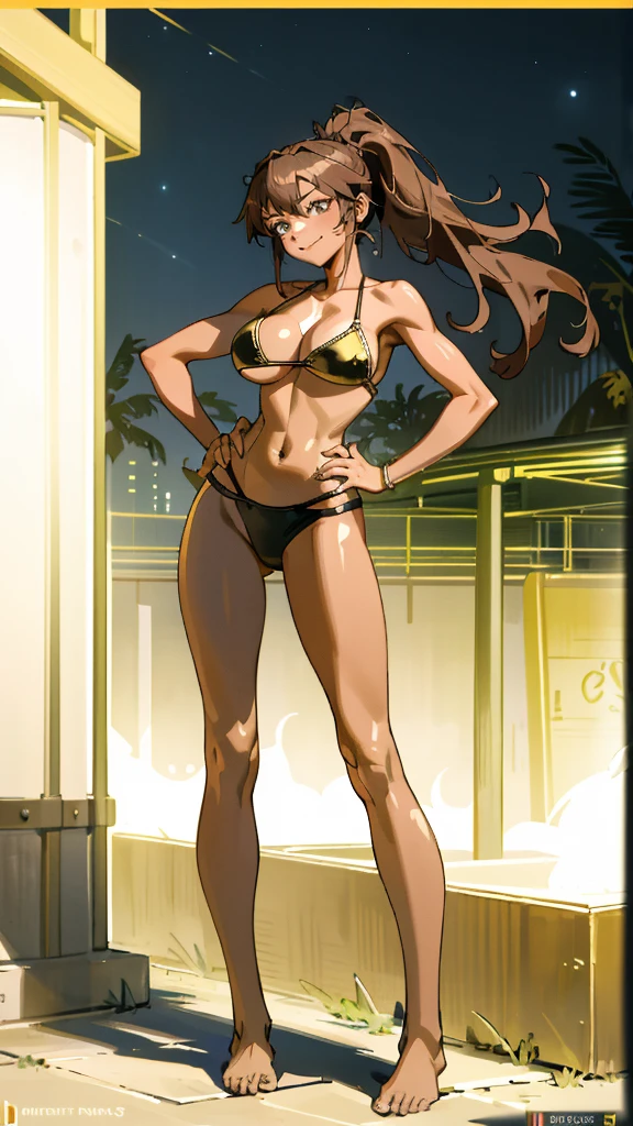 Masterpiece, best quality, Masterpiece, best quality, 1 woman, brown hair ponytail , sly face , smile , gold bikini , abdomen, big breasts , Long legs , Barefoot , hands on hips , parking lot , nighttime