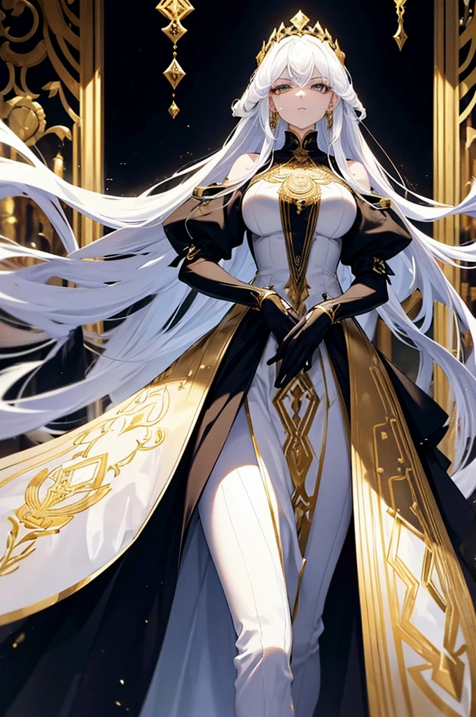 Physical description This character is a woman with an ethereal and imposing appearance. Her long white hair flows around her, creating an almost mystical aura. His golden eyes are piercing and express great intensity and determination. Her outfit is complex and elegant, consisting of several layers of white and black fabrics, accented with gold designs. The dress appears both practical and ceremonial, perhaps indicating a high rank or special role in one's world. Her arms are covered in sleek gauntlets that add a touch of sophistication to her appearance. His entire style suggests a combination of power, grace and mystery.