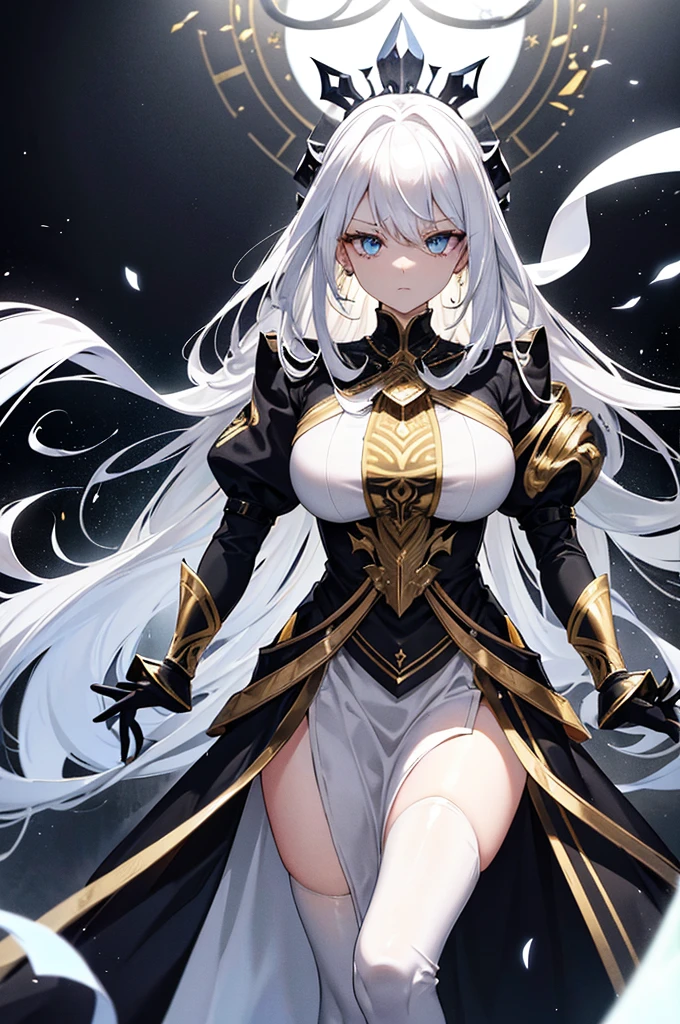 Physical description This character is a woman with an ethereal and imposing appearance. Her long white hair flows around her, creating an almost mystical aura. His golden eyes are piercing and express great intensity and determination. Her outfit is complex and elegant, consisting of several layers of white and black fabrics, accented with gold designs. The dress appears both practical and ceremonial, perhaps indicating a high rank or special role in one's world. Her arms are covered in sleek gauntlets that add a touch of sophistication to her appearance. His entire style suggests a combination of power, grace and mystery.