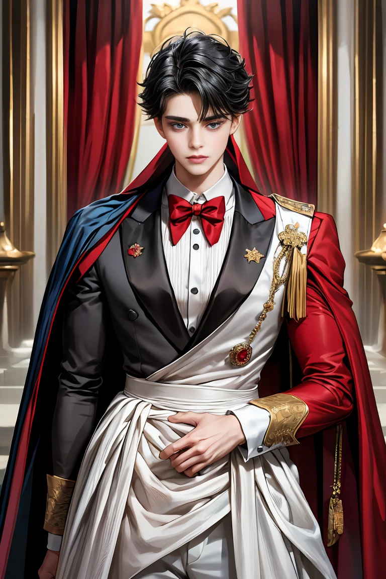 masterpiece, 最high quality, high quality, 1 boy, alone, Male focus, Watching the audience, Messy black hair, Adorable big blue eyes, White people, Noble, Noble,Sexy voluminous black and red cape、Tuxedo、A very voluminous, large, very large, very large, long, long red and black cape with a high stand-up collar, reaching down to the floor, made of a lot of fabric., ,Cute beautiful boys,Cute, cute, kind, handsome guy