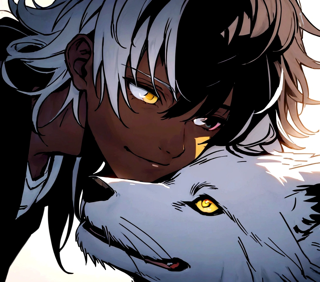 white  shirt, wearing a black hoodie , yellow and black eyes heterochromia, calm smile expression, Messy hair , Medium length hair , 1 men , multicolored black and white hair , two tone hair , dark skin color , with a white wolf , the two staring at each other, transform this art into pixel art