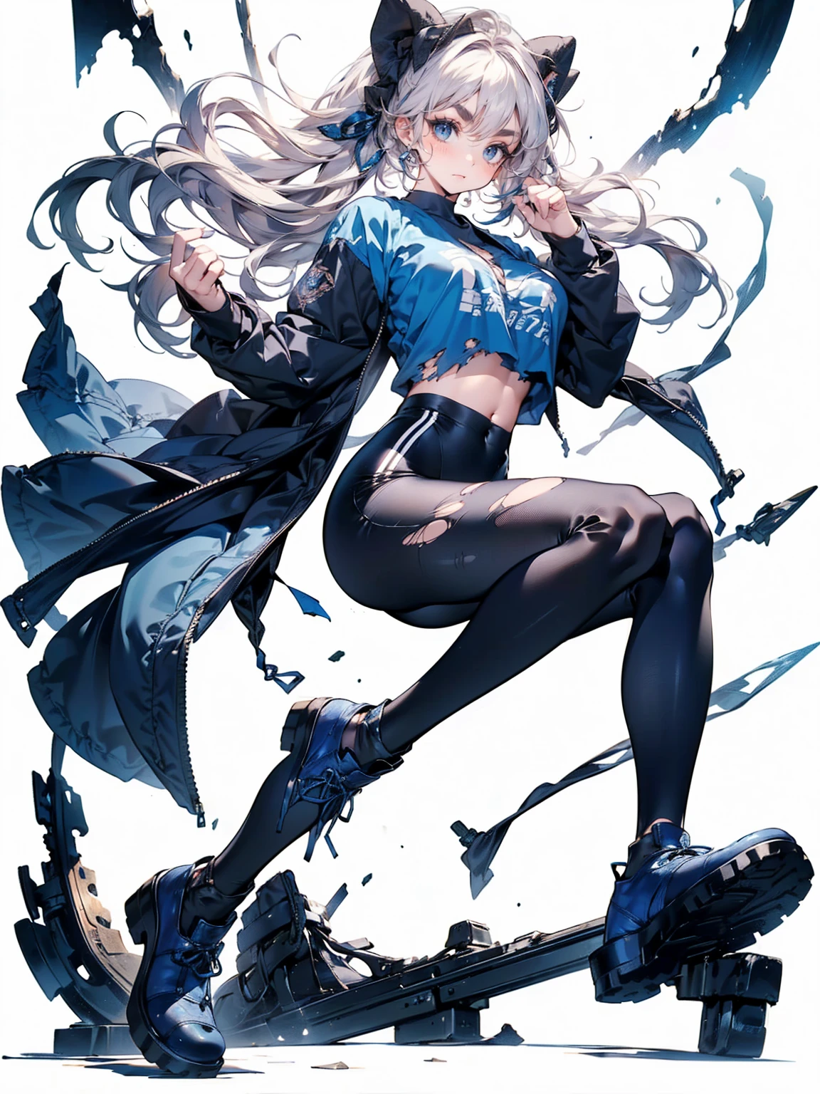 , (White Hair Girl), (Thick, dark blue eyebrows:1.4), (Dark blue eyebrows:1.7), (Thick eyebrows:1.3), (Huge black fluffy animal ears:1.1), (Black animal ears:1.1), BREAK, (((Mesh Stitching Crop T-Shirt, Cutout Long Sleeve Top))),BREAK, (Big Breasts:1.2, Thick legs, Adult female body, Sturdy body:1.5, Japanese style costume:1.5, Beautifully colored kimono:1.5,), ((Action pose:1.4 )), (sharp eyes, Ultra-high definition CG, Precisely designed costumes, 4K, 8K, Ultra-high definition CG, Precisely designed costumes, Clear lines, Expressive and Captivating Eyes, Fine Details and Realistic Textures, cinematic lighting), ((white background)), BREAK, (Wearing black leggings with holes), Skinny sleeves, (Torn and holey leggings:1.2)(Black leggings:1.4), (過剰なRuggedThick soleブーツを履いています:1.2), (Thick sole:1.5), (Big shoes:1.3), ((Beam SE, embarrassed))