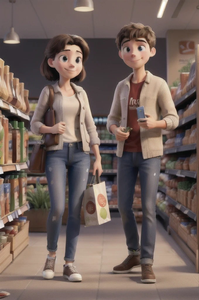 Masterpiece artwork, best qualityer, a young couple, choosing products in the supermarket