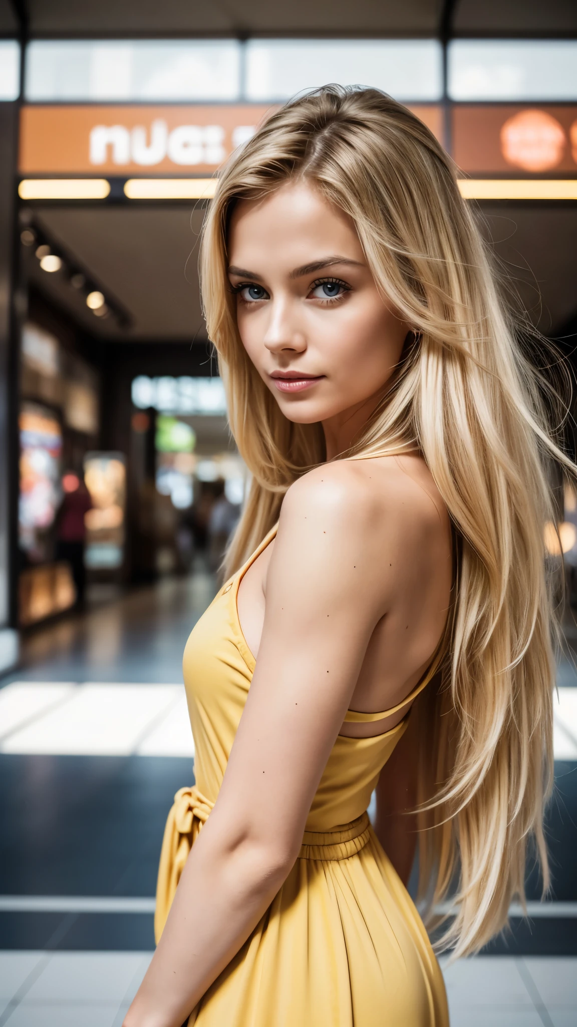 realistic body shot photo of dutch blonde long hair woman dancing in front of camera wearing long yellow cotton dress, shopping mall, glamour photoshoot, perfect anatomy, Perfect eyes. Perfect hands with 5 fingers on each hand. fit girl, looking into the camera, strong hip:1.2, wide hip:1.3, 16 yo woman. (Eye makeup:1.1), (highly detailed skin:1.1), RAW, analog style, sharp focus, 8k UHD, DSLR, high quality, Fujifilm XT3, grain, award winning, masterpiece.