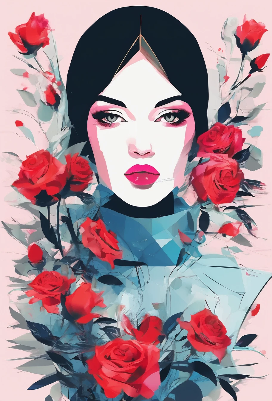 (((1 girl, beautiful detailed eyes, beautiful detailed lips, extremely detailed eyes and face, long eyelashes, unique, pretty face, contour, portrait, shoulder, black high neck, geometric gradients, gradient lines, artistic conception, abstract, minimalism, minimalist lines, portrait, blue flower, flower, pink flower, red flower, red rose, rose, solitary, sunflower, vector, flat style, illustration, digital art illustration)))
