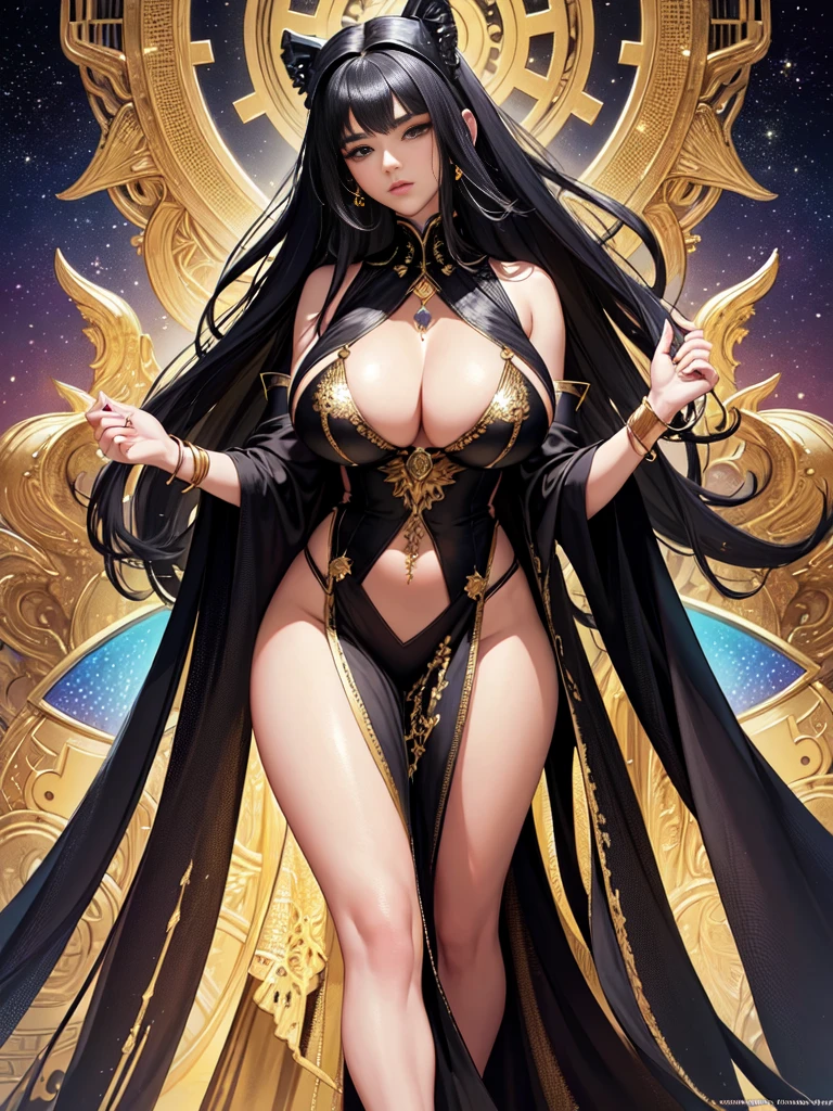 (masterpiece, top quality, best quality, official art, beautiful and aesthetic:1.2), (1girl), black hair, black eyes, voluptuous, black gown and robe, big chest, beautiful shoulders, beautiful navel, beautiful thighs, beautiful legs, diamonds, gold, silver, paladium, titanium, mithril, extremely detailed anatomy, extremely detailed everything, ornament, Sci-fi Ancient Lost Technology, (fractal art:1.3), all 7 of rainbow colors, colorful, HD image, wide angle, top to toe, full body, highest detailed.