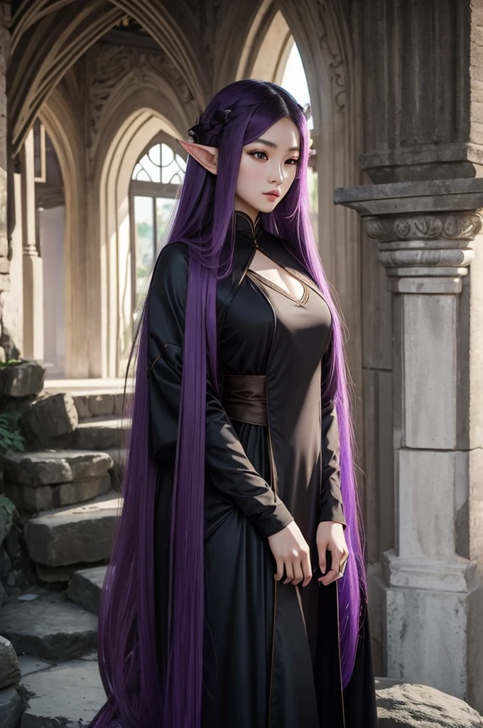 Long Purple hair, Vietnamese, beautiful 23 year old woman, very attractive, brown eyes, elf ears, very cute, thin athletic body, wearing long black dress in stone castle, with large white wolf
