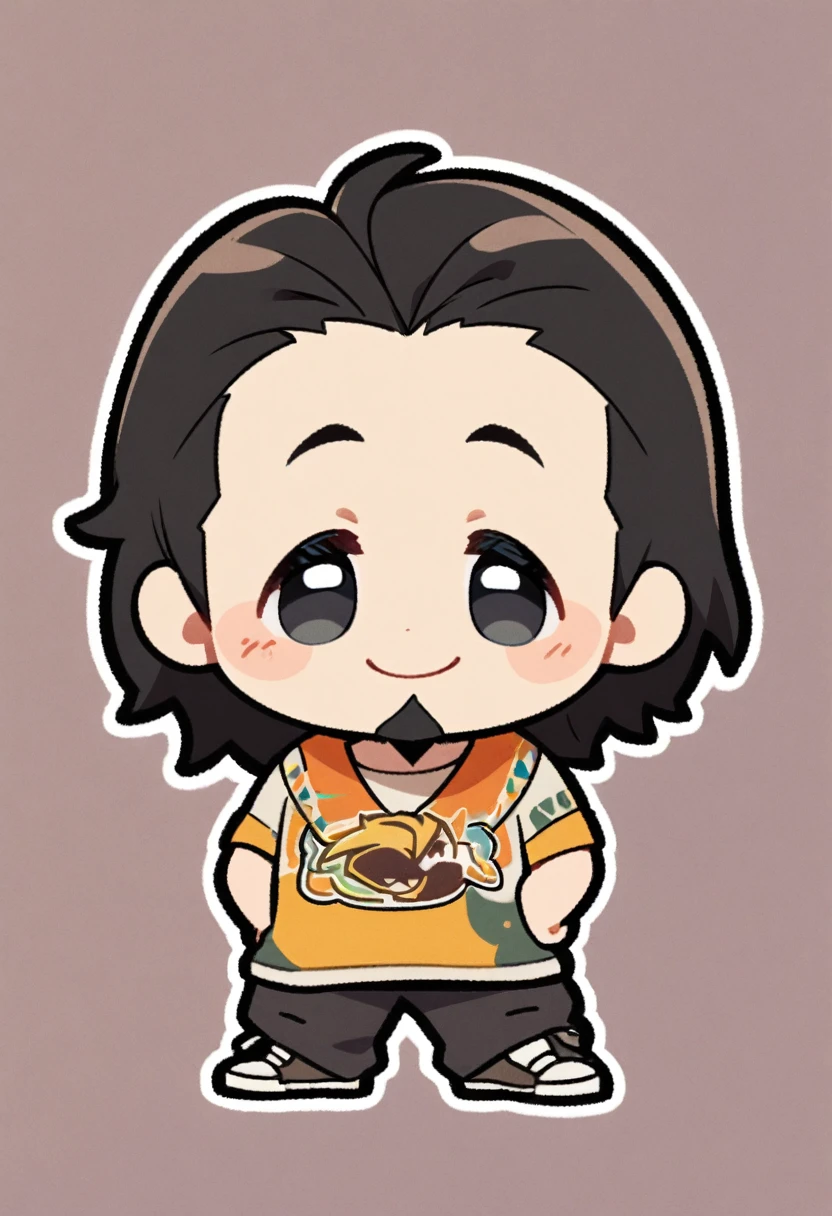 white Young boy, medium messy straight black hair, Goatee, round face, smiling , chibi style , cartoon
